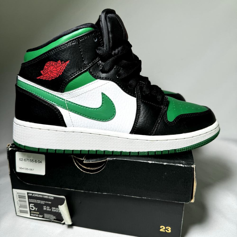 A0565 - Size 5 - Nike Air Jordan 1 Mid GS Black Pine Green 2020 Shoes